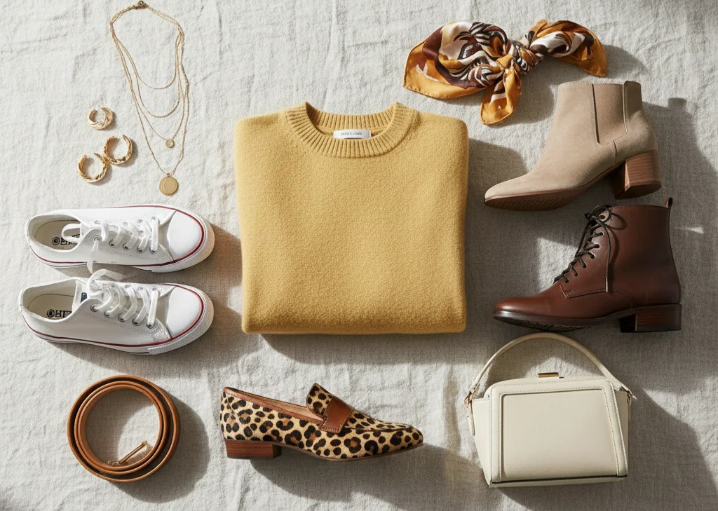 A high-angle flat lay of fashion accessories for a butter yellow sweater
