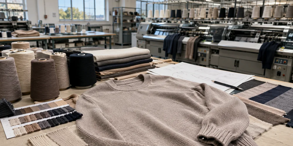 Generic knitwear development workspace with yarns, a refined sweater sample, and production materials for supplier comparison